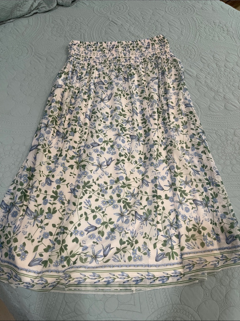 Max Studio White Floral A-Line Midi Skirt with Blue & Green Print